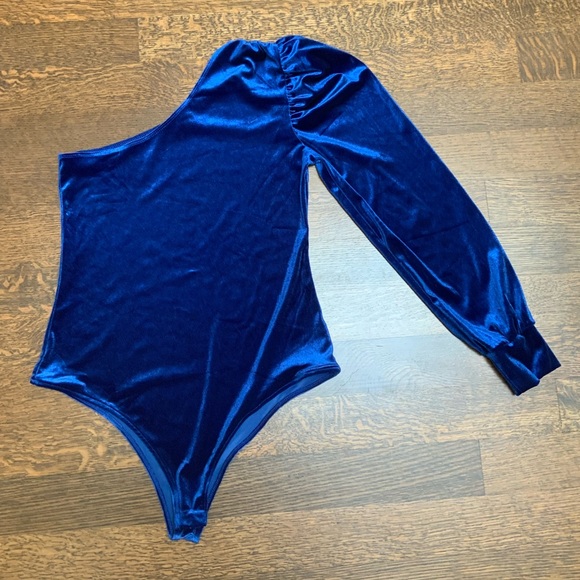 SHINESTAR One Shoulder Royal Blue Crushed Velvet Bodysuit Shirt Size Large - Picture 8 of 12